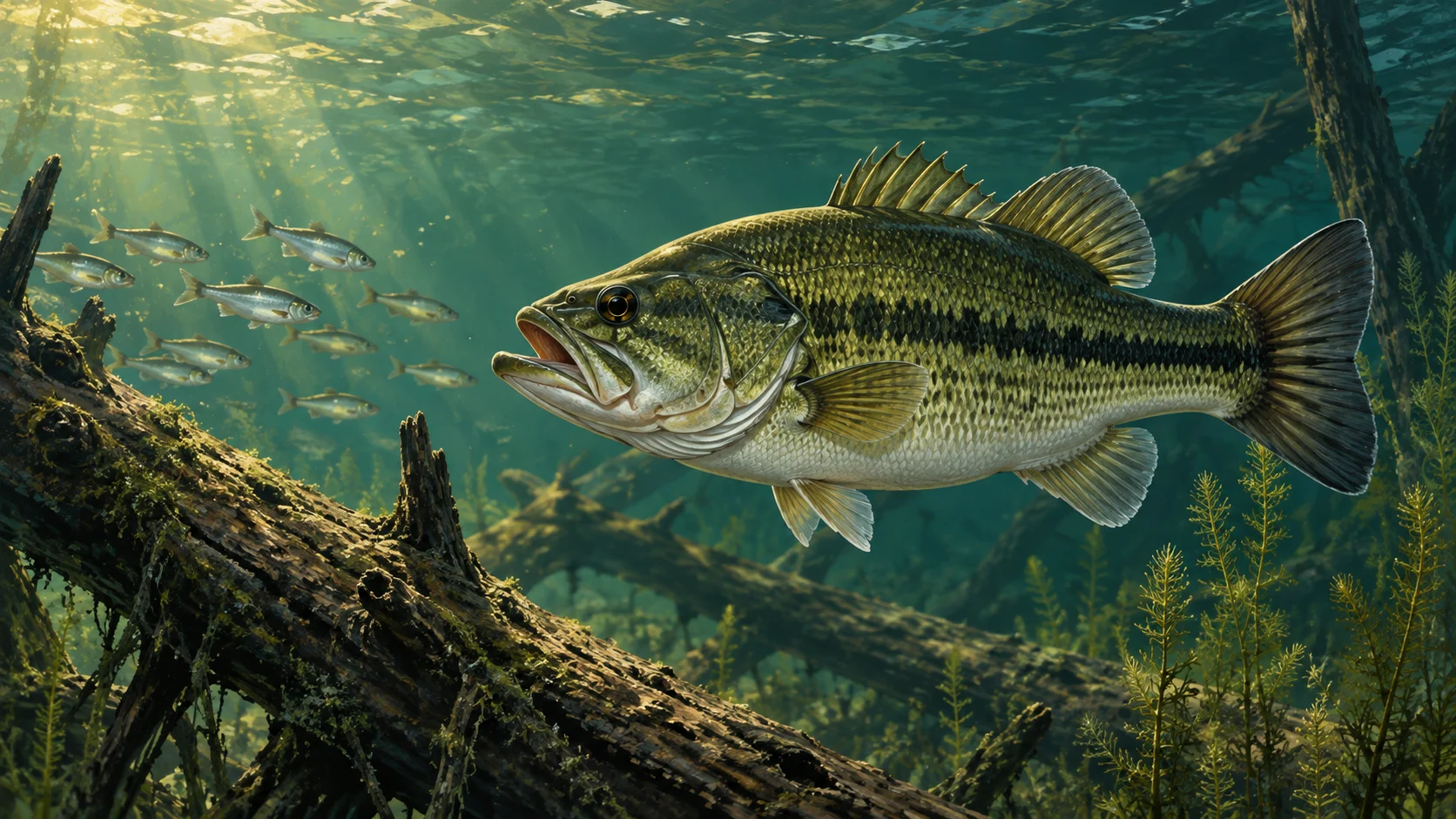 AI editorial illustration of a largemouth bass near shad and submerged wood; not Kaden Mueck’s actual catch.