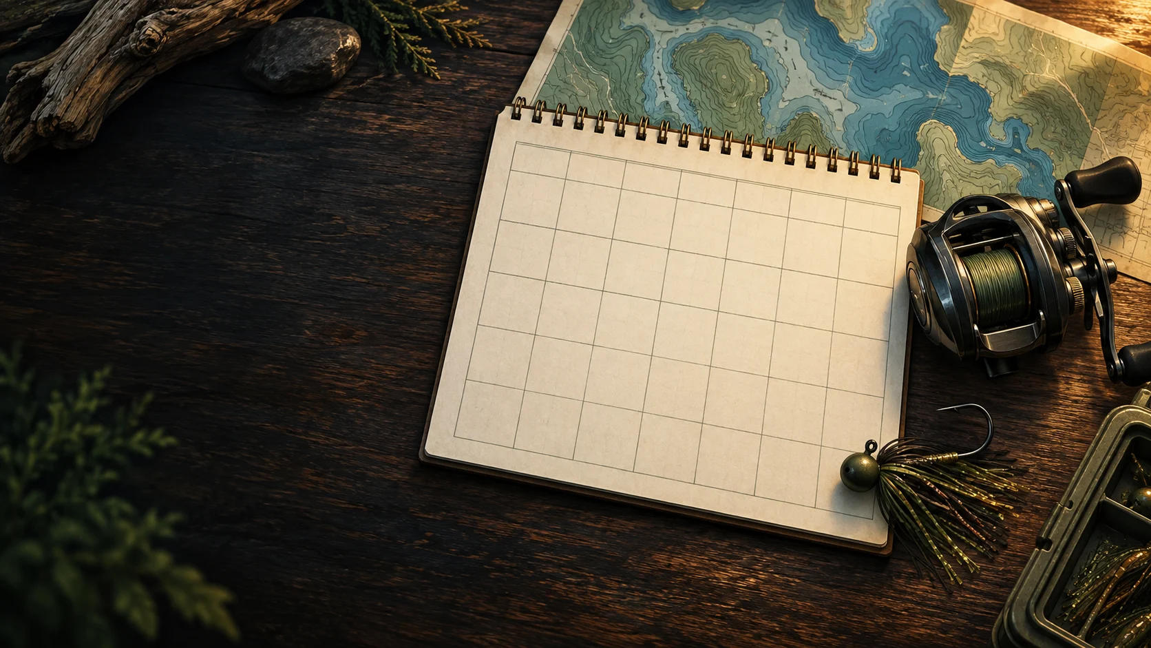 AI editorial illustration of a blank planner, reel and abstract contour map, representing tournament-season planning.