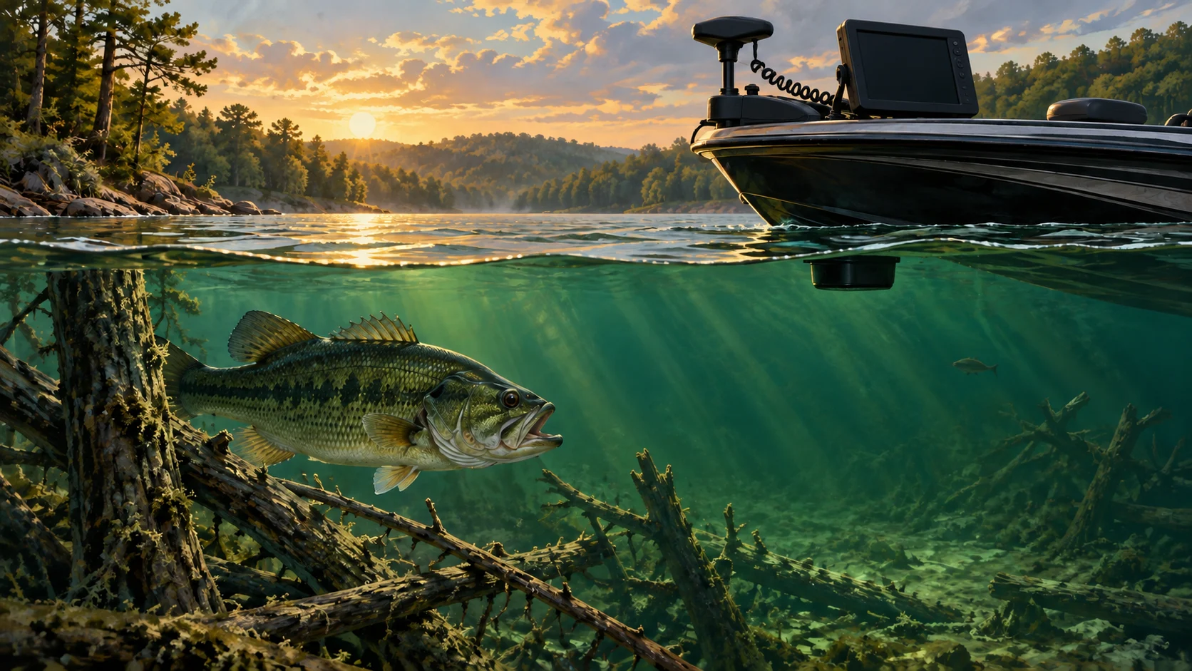 AI editorial illustration of generic boat electronics and a bass underwater; not a technical sonar diagram or an actual Elite Qualifiers scene.