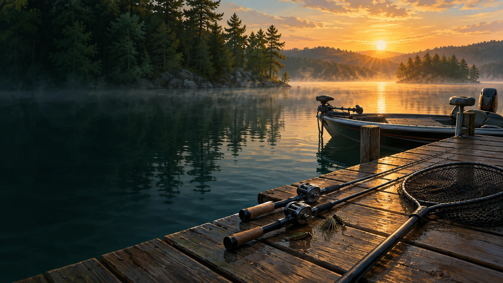 AI editorial illustration of two rods and a landing net beside a moored boat, representing teamwork; not Smith and Anderson’s actual event.